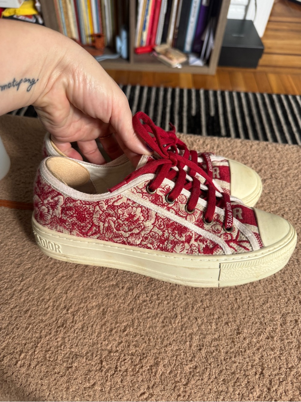 Dior Red and Cream Floral Low-Top Sneakers